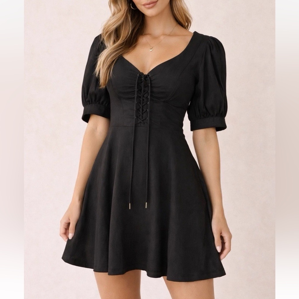 House of Harlow Black-Linen Blend Puff-Sleeve Lace-Up Dress. US 6/Sm-Med. NWT